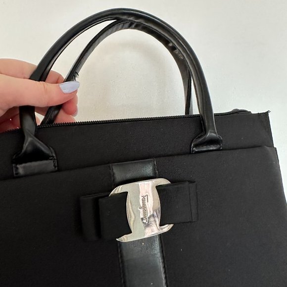 Salvatore Ferragamo Vintage Top Handle Hand Bag Bow Canvas Black - Picture 2 of 8